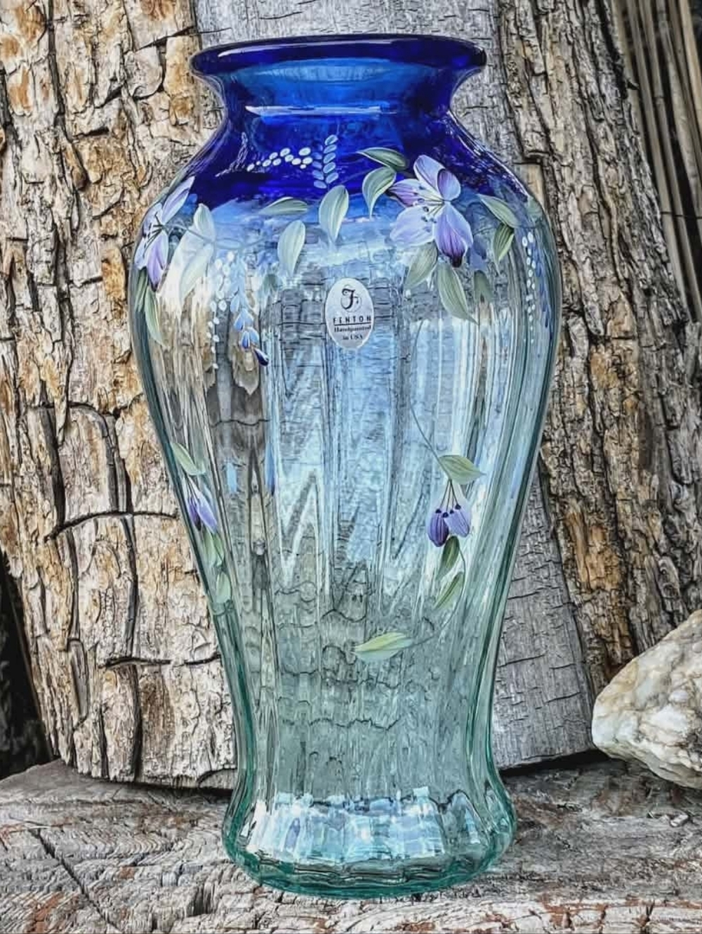 FENTON Blue Glass, Hand Painted, Tranquility Vase,       -S. Fisher 1999